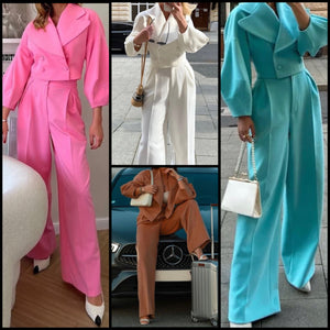 Women Solid Color Crop Blazer Two Piece Pant Set