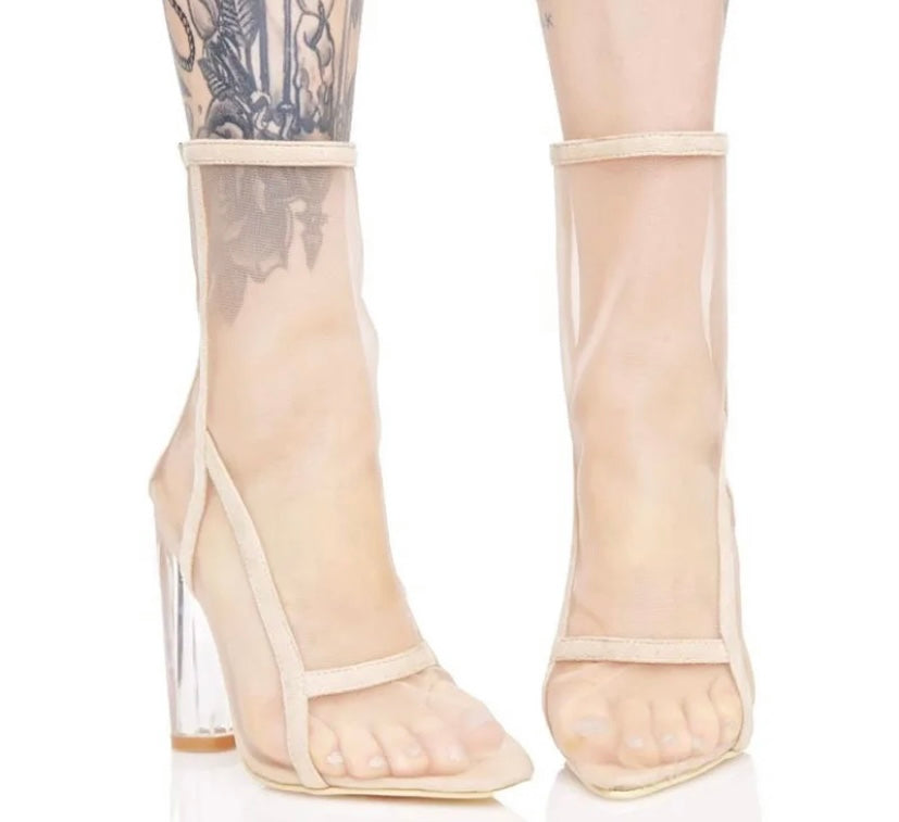 Women Fashion Mesh Transparent Heel Ankle Boots