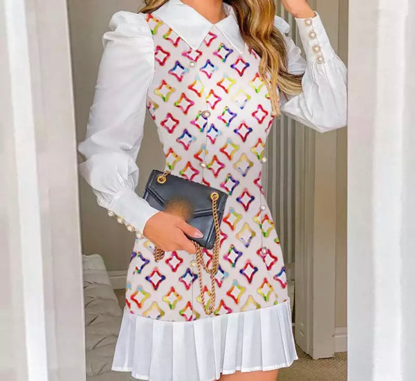 Women Collar Long Sleeve Printed Shirt Dress