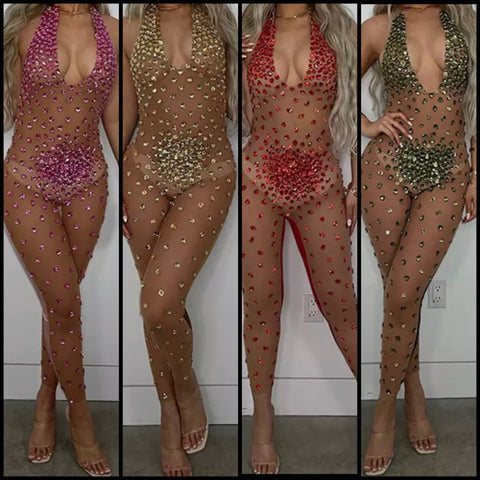 Women Crystal Halter Mesh Sexy Jumpsuit