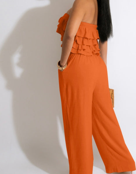 Women Ruffled Sleeveless Crop Two Piece Wide Leg Pant Set