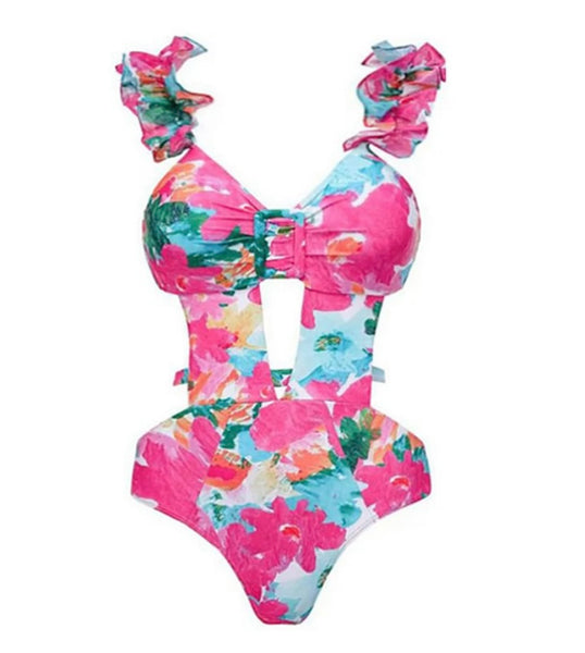 Women Sexy Pink Floral Swimsuit Cover Up Set