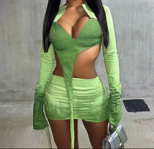 Women Sexy Green Three Piece Mini Skirt Set