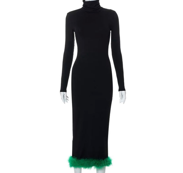 Women Turtleneck Full Sleeve Feather Maxi Dress