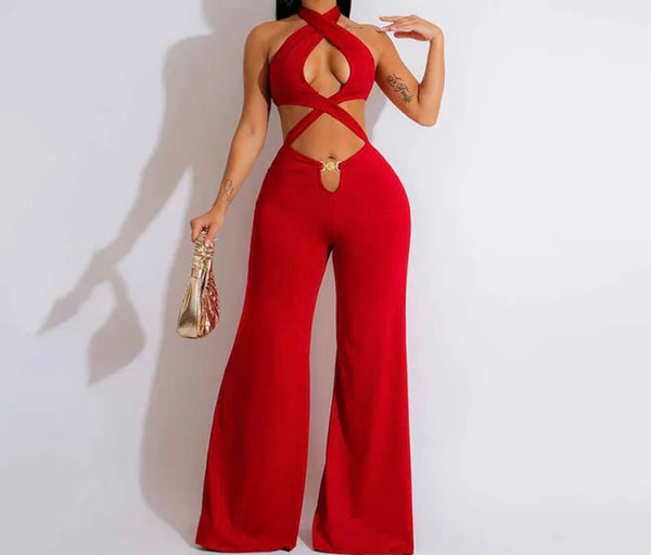 Women Sexy Sleeveless Criss Cross Halter Cut Out Jumpsuit