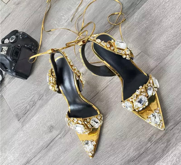 Women Pointed Toe Crystal High Heel Lace Up Sandals