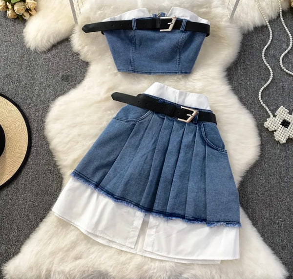 Women Sexy Buckled Strapless Pleated Two Piece Skirt Set