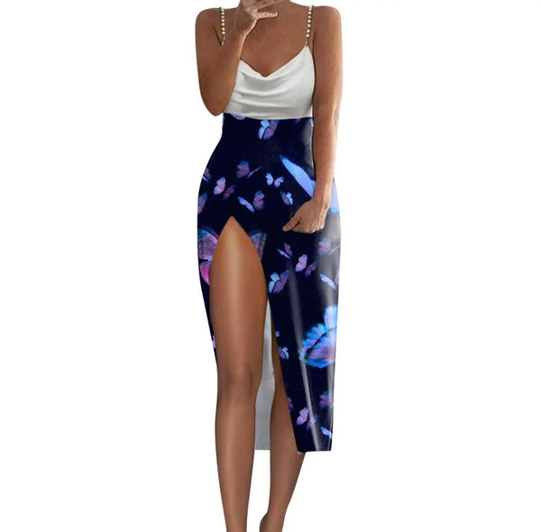 Women Sexy Sleeveless Printed High Side Slit Dress