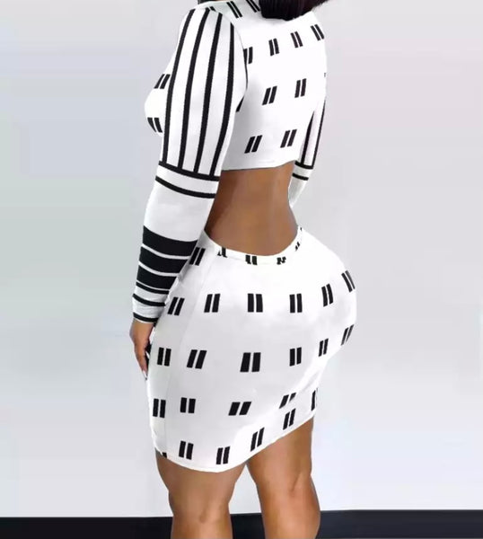 Women White & Black Printed Button Up Open Back Dress