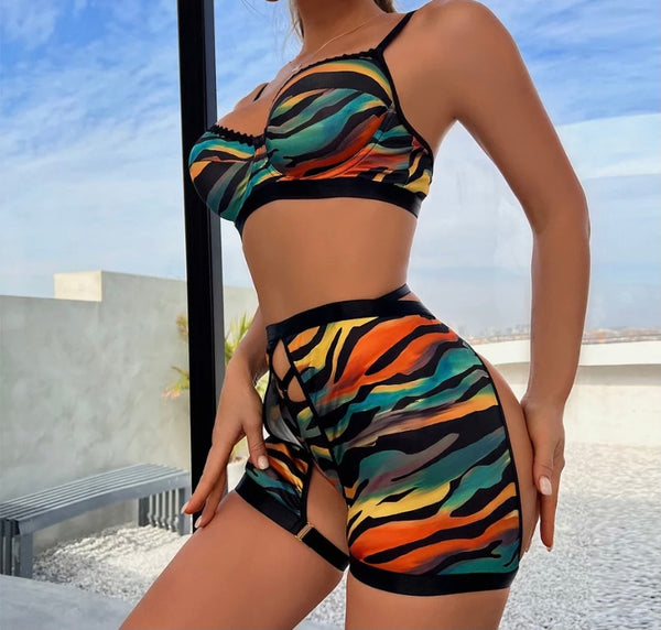 Women Sexy Multicolored Striped Fashion Lingerie Set