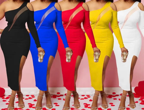 Women Sexy One Shoulder Full Sleeve Mesh Patchwork Asymmetrical Dress
