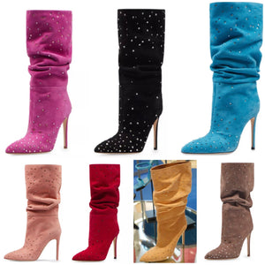 Women Rhinestone Pointed Toe High Heel Boots