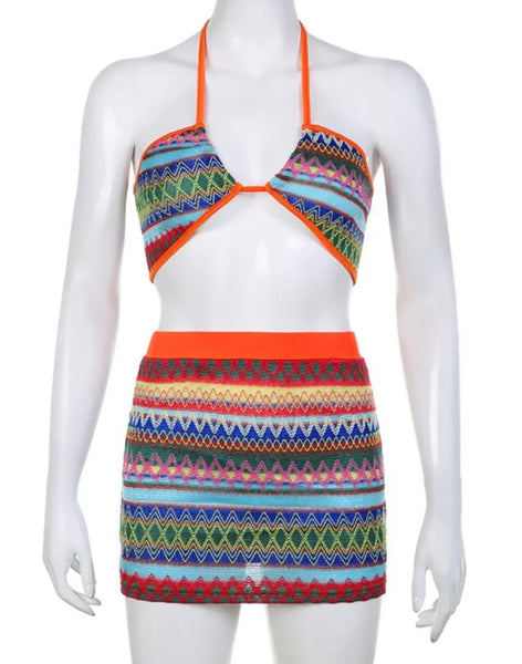 Women Sexy Multicolored Striped Halter Two Piece Skirt Set