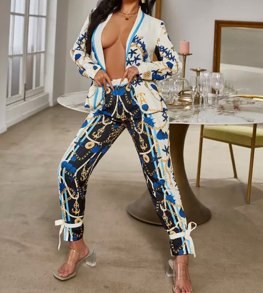 Women Fashion Printed Blazer Two Piece Pant Set