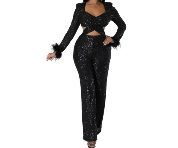 Women Sexy Sequins Cut Out Full Feather Sleeve Jumpsuit