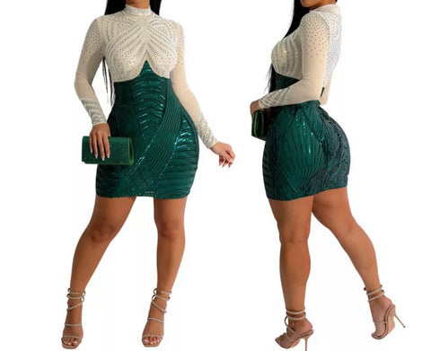 Women Sexy Color Patchwork Sequins Long Sleeve Dress
