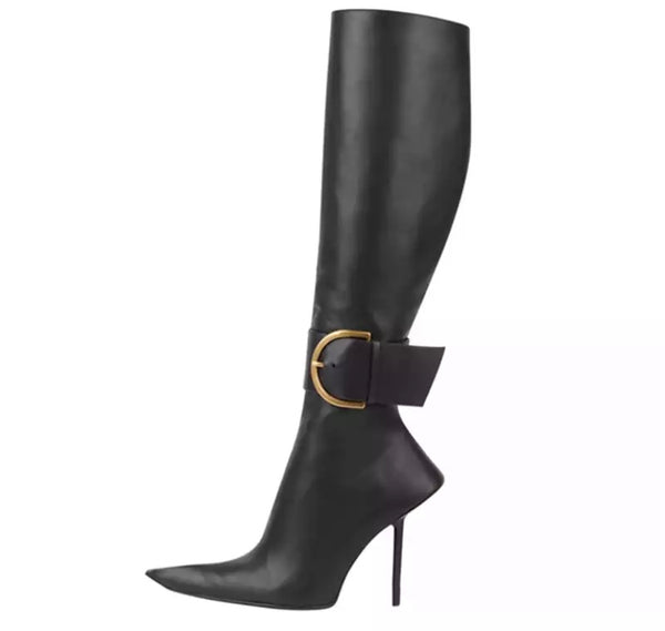 Women Pointed Toe Buckled Strap Knee High Boots