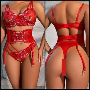 Women Sexy Red Floral Three Piece Lingerie Set