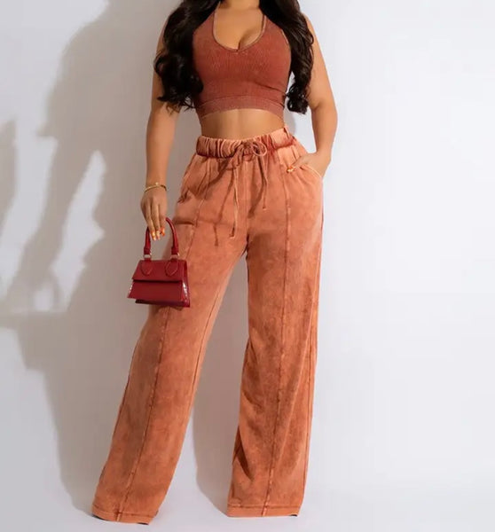 Women Sleeveless Crop Fashion Two Piece Drawstring Pant Set
