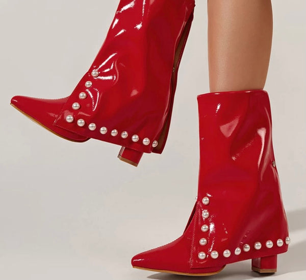 Women Fashion Red Patent Leather Pearl Ankle Boots