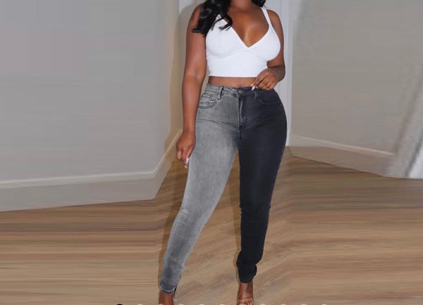 Women Fashion Color Patchwork Denim Pants