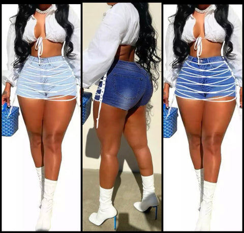 Women Fashion Lace Up Denim Shorts