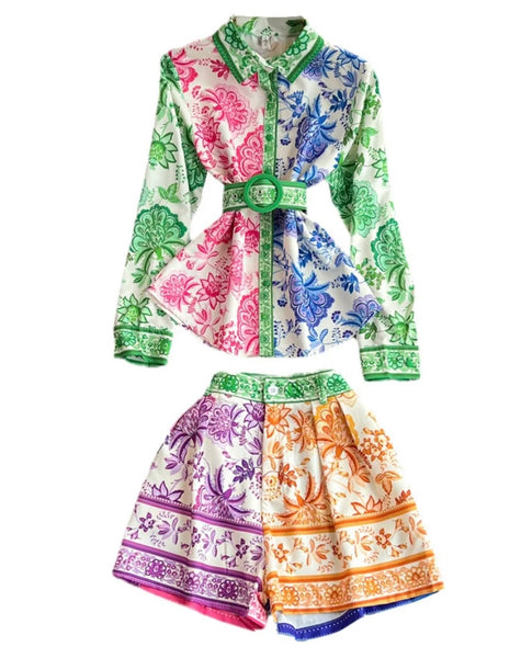 Women Multicolored Print Button Up Belted Full Sleeve Two Piece Short Set