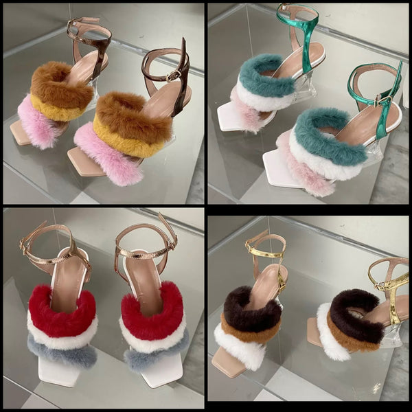 Women Fashion Colorful Faux Fur Clear Heel Sandals