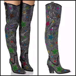 Women Fashion Bling Star Over The Knee Western Boots