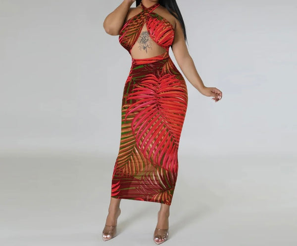 Women Sexy Printed Sleeveless Open Back Maxi Dress