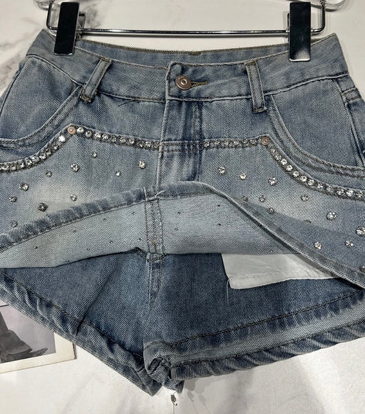 Women Rhinestone Fashion Denim Wrap Shorts