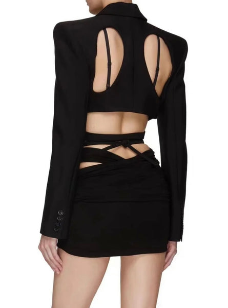 Women Sexy Black Full Sleeve Cut Out Lace Up Blazer Crop Top