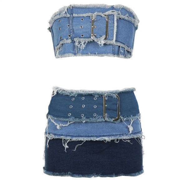 Women Buckled Strapless Color Patchwork Denim Two Piece Skirt Set