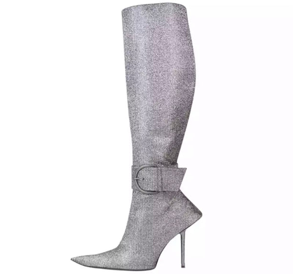 Women Pointed Toe Buckled Strap Knee High Boots