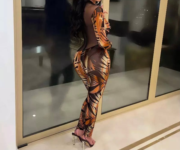 Women Sexy Printed Mesh Patchwork Long Sleeve Jumpsuit