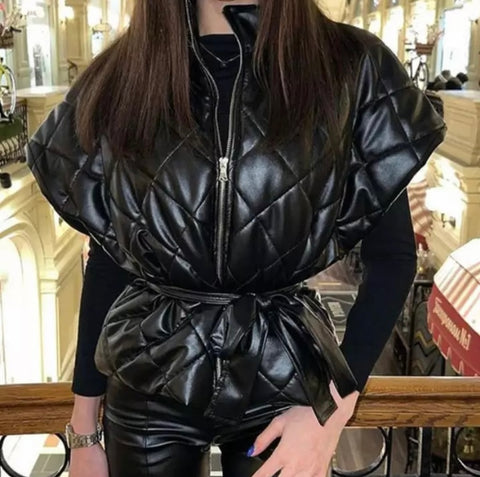 Women Fashion Black Zip Up PU Vest