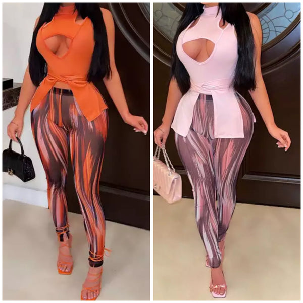 Women Sexy Sleeveless Two Piece Multicolored Pant Set