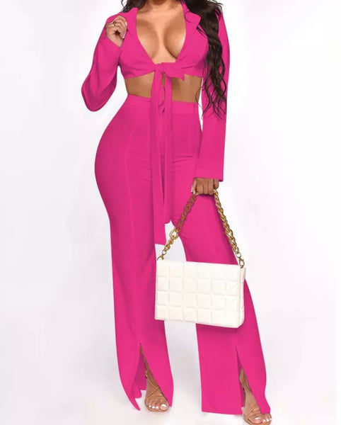 Women Sexy Tie Up Full Sleeve Crop Two Piece Pant Set