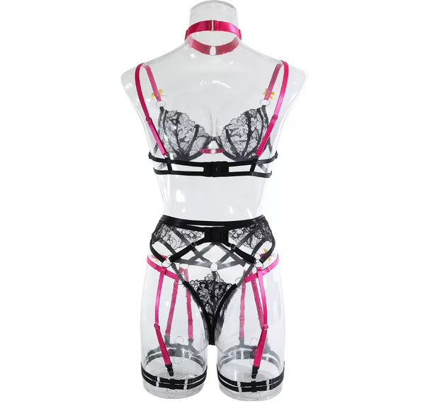 Women Sexy Color Patchwork Choker Lace Lingerie Set