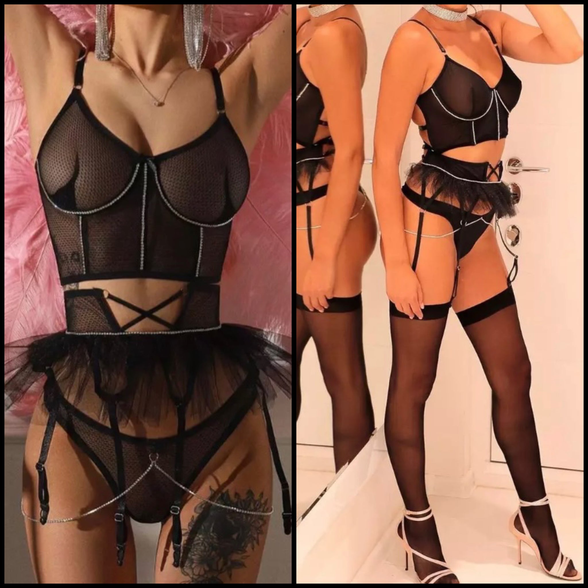 Women Sexy Black Mesh Bling Ruffled Lingerie Set