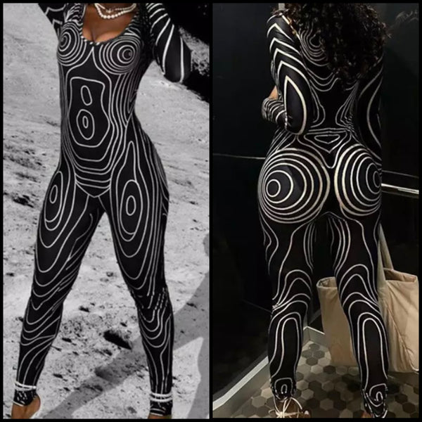 Women Fashion Black And White Printed Full Sleeve Jumpsuit