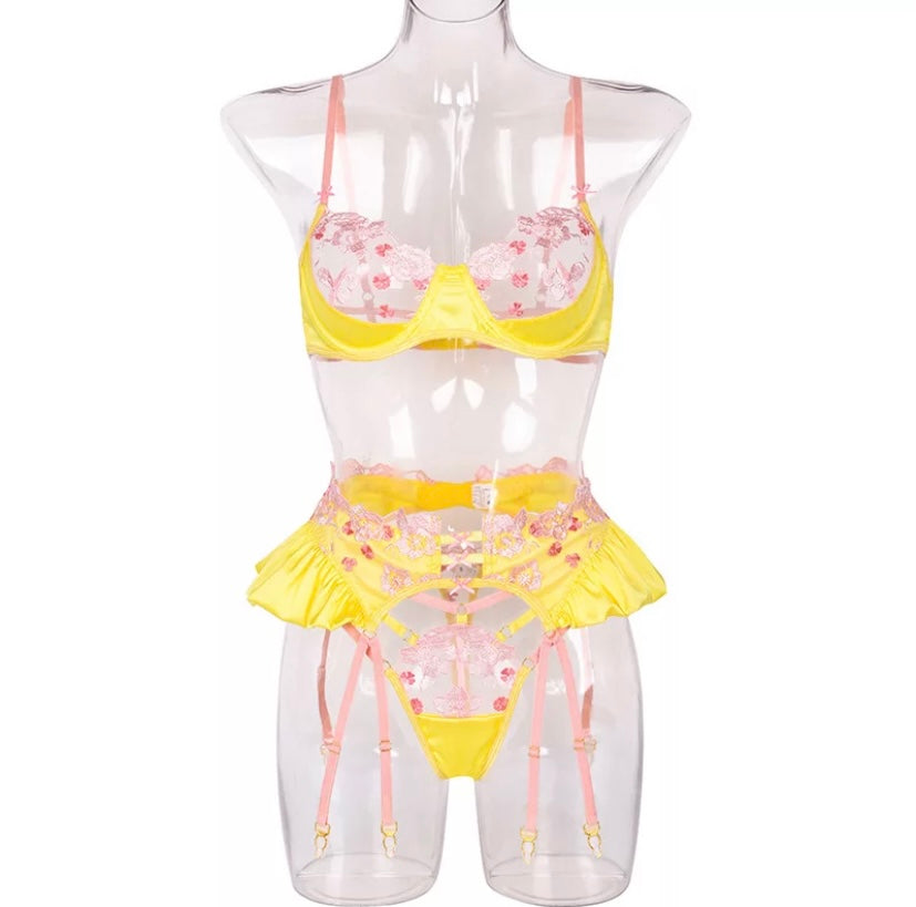 Women Sexy Yellow Floral Lace Three Piece Lingerie Set