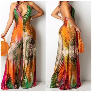 Women Printed Halter V-Neck Wide Leg Sexy Jumpsuit