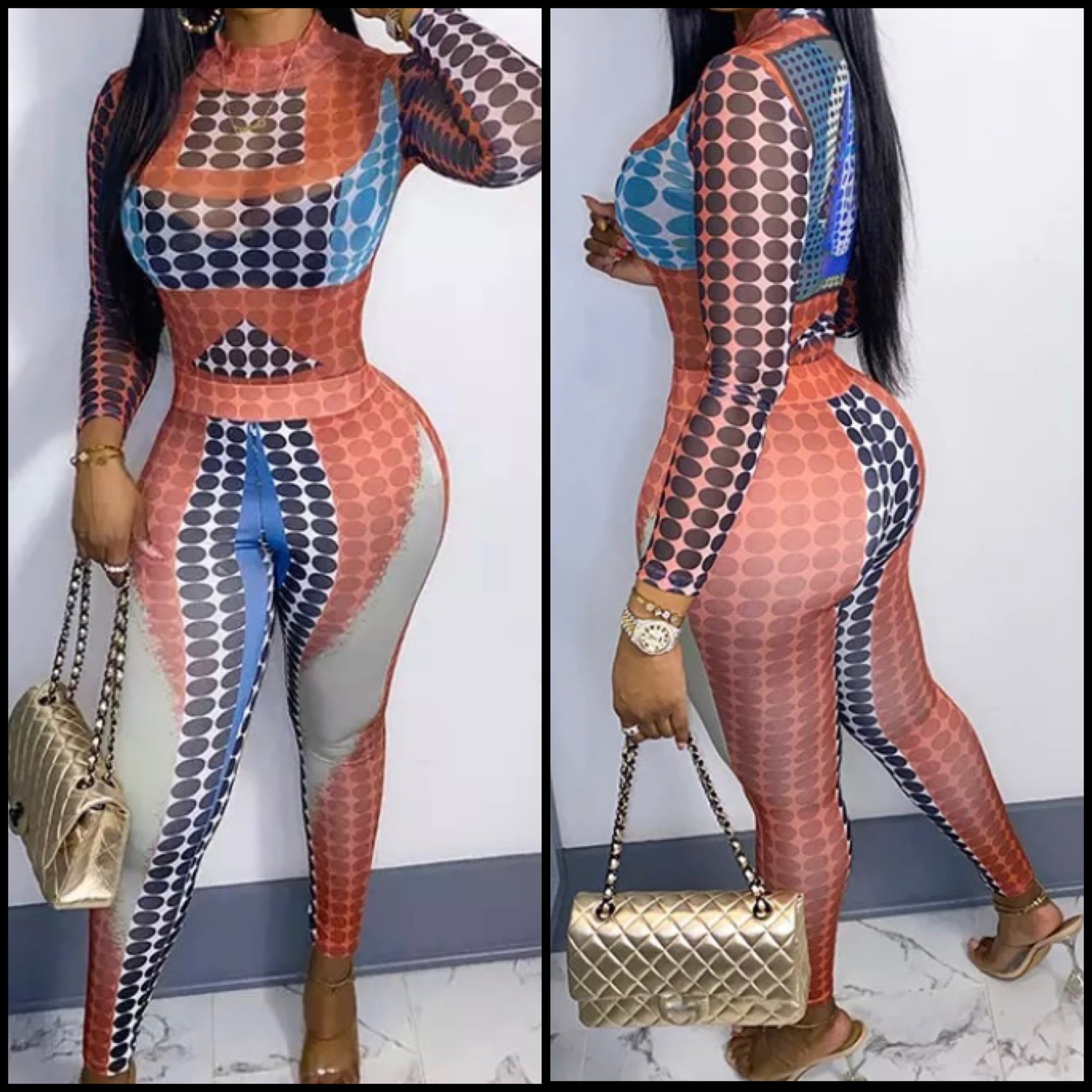 Women Mesh Multicolored Print Bodysuit Two Piece Pant Set