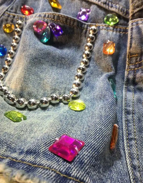 Women Crystal Fashion Denim Wrap Shorts