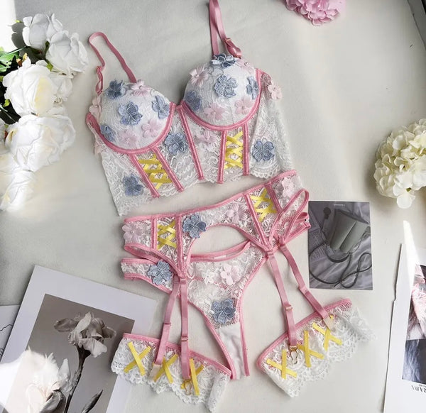 Women Pearl Floral Mesh Sexy Lingerie Set