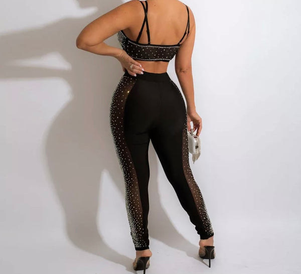 Women Bling Mesh Patchwork Two Piece Sexy Pant Set