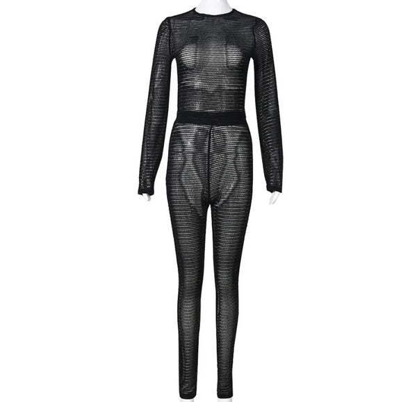 Women Fashion Full Sleeve See Through Two Piece Pant Set