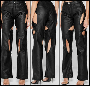 Women Sexy Fashion Faux Leather Cut Out Pants