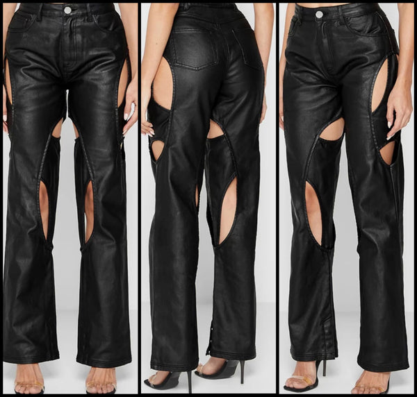 Women Sexy Fashion Faux Leather Cut Out Pants